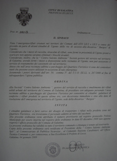 Ordinanza del sindaco di Galatina per l'emergenza rifiuti